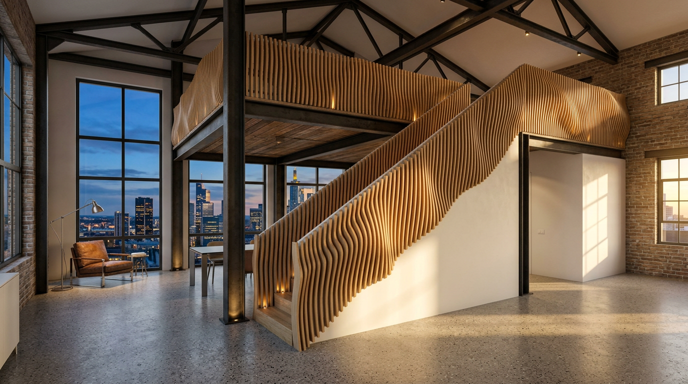 Wave balustrade running up to a mezzanine in a loft conversion