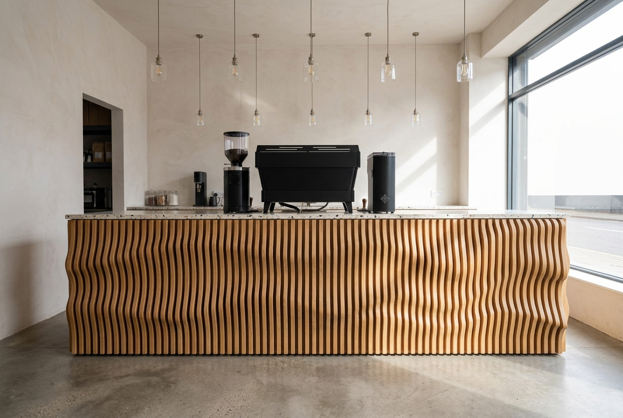 Wave-clad serving counter front in a contemporary café