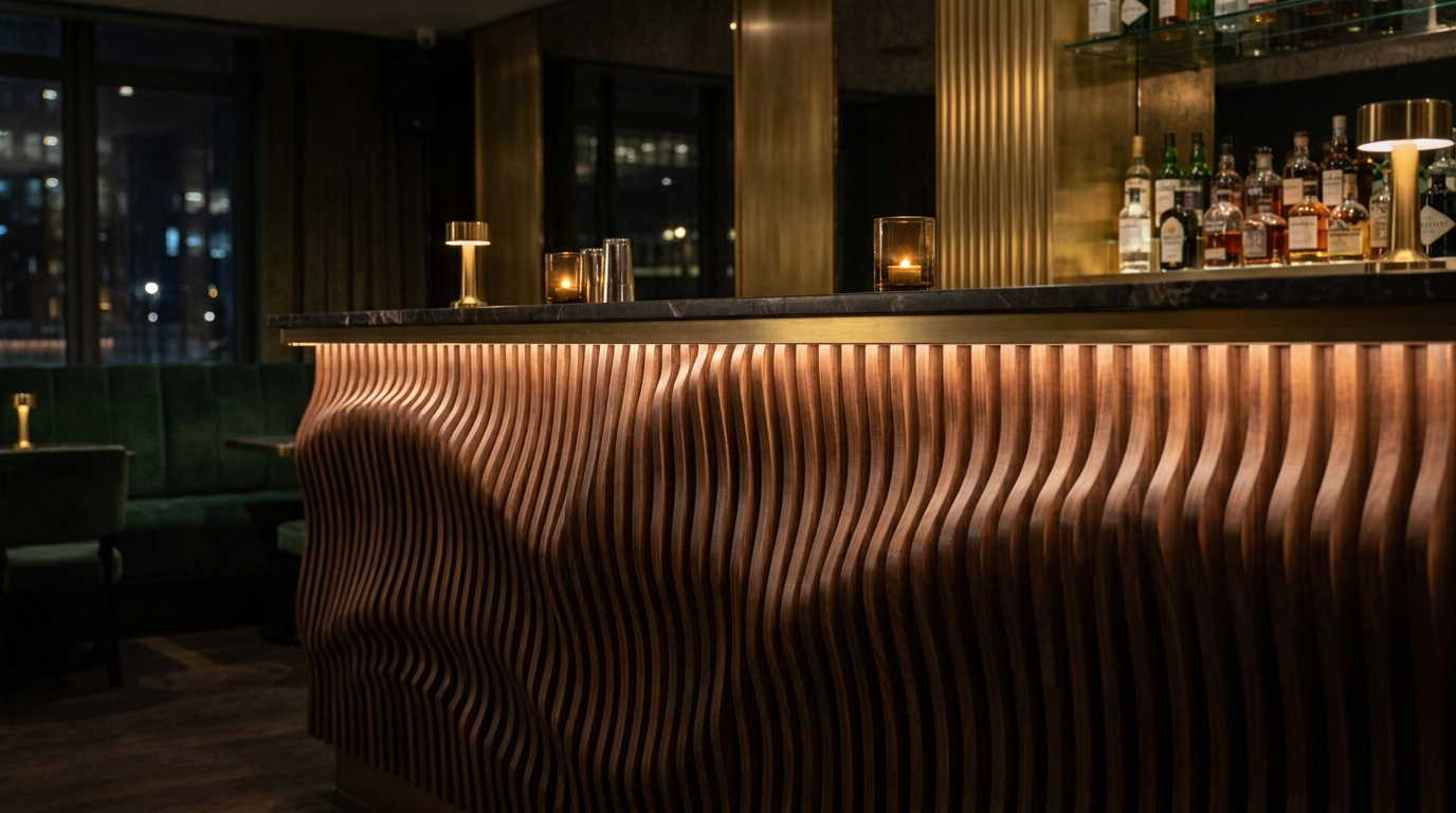 Walnut wave bar front lit from beneath the bar overhang