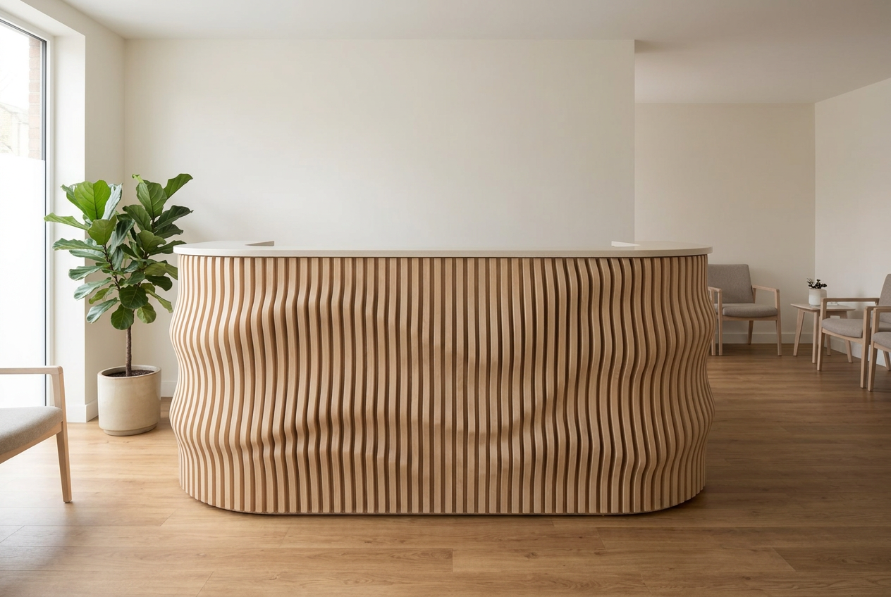 Curved reception desk with a pale ash wave front in a clinic