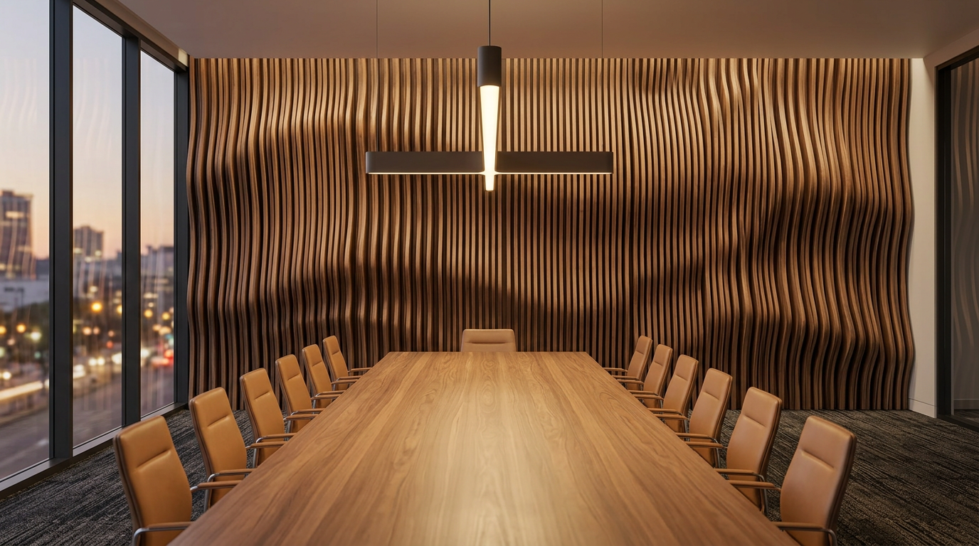 Six-metre walnut wave feature wall in a boardroom