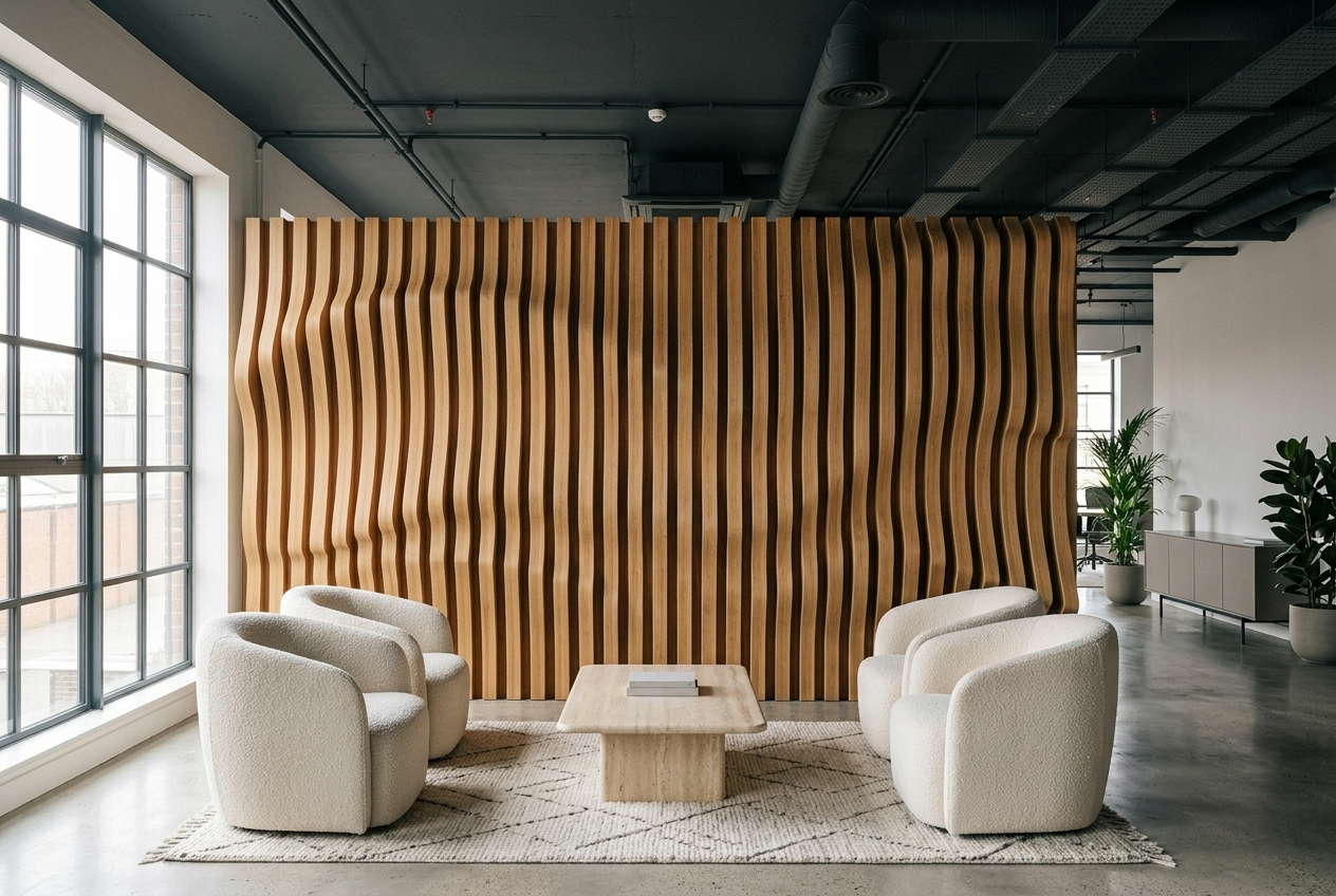 Oak wave wall behind soft seating in a workplace breakout area