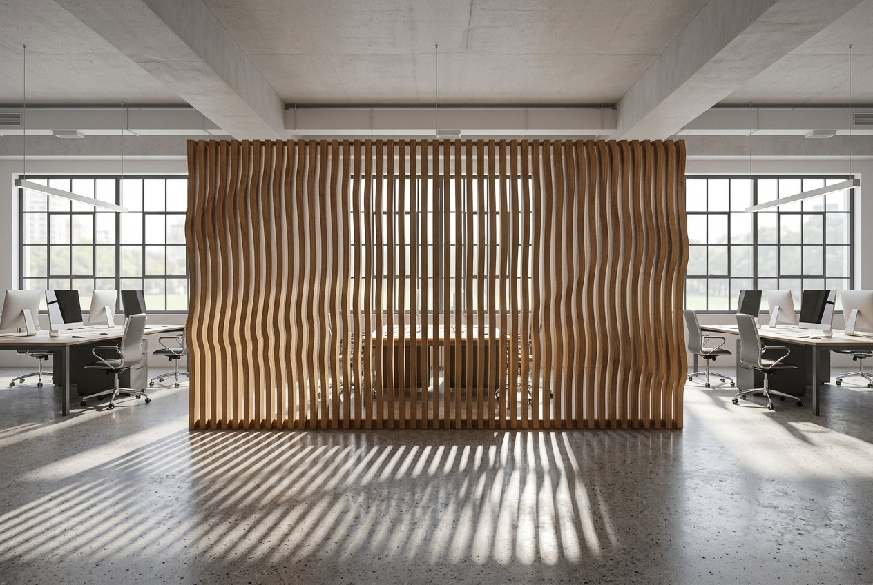 Free-standing wave screen dividing an open-plan office, casting striped shadows