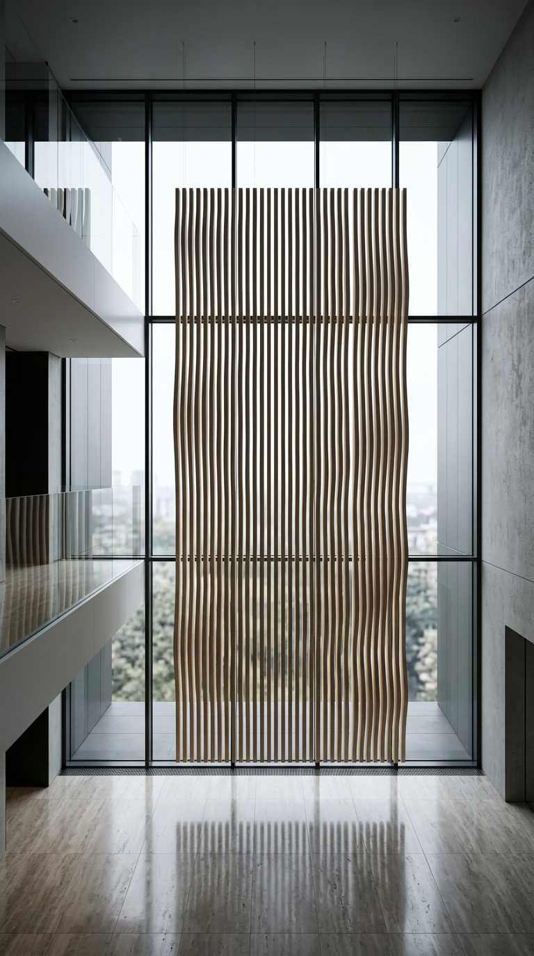 Five-metre suspended ash wave screen backlit in an atrium