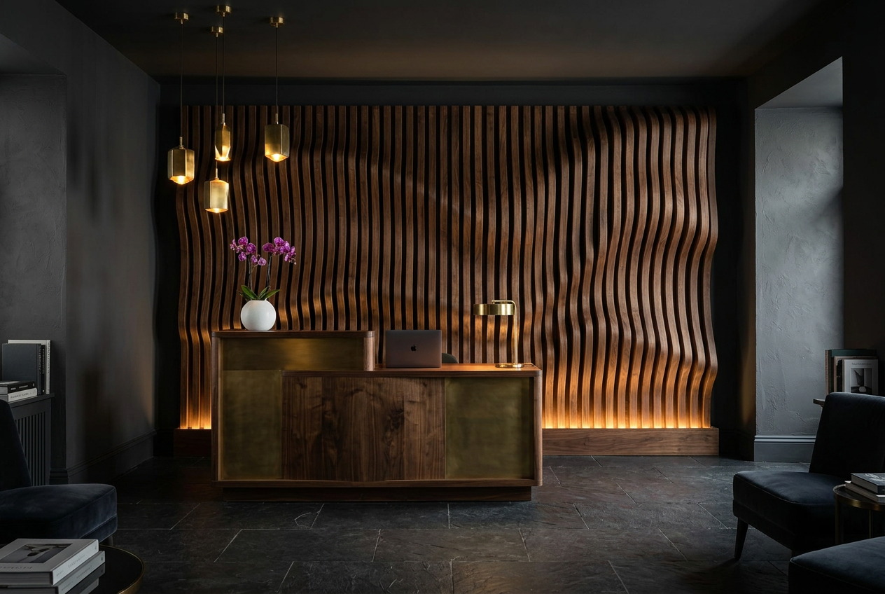 Wave panel behind a boutique hotel reception