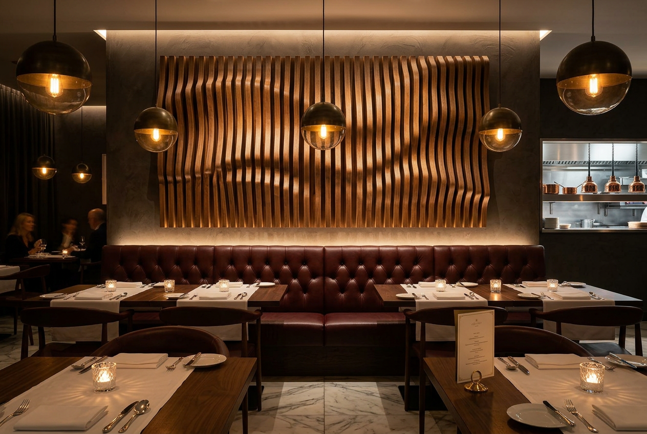 Wave panel above a fine-dining restaurant banquette